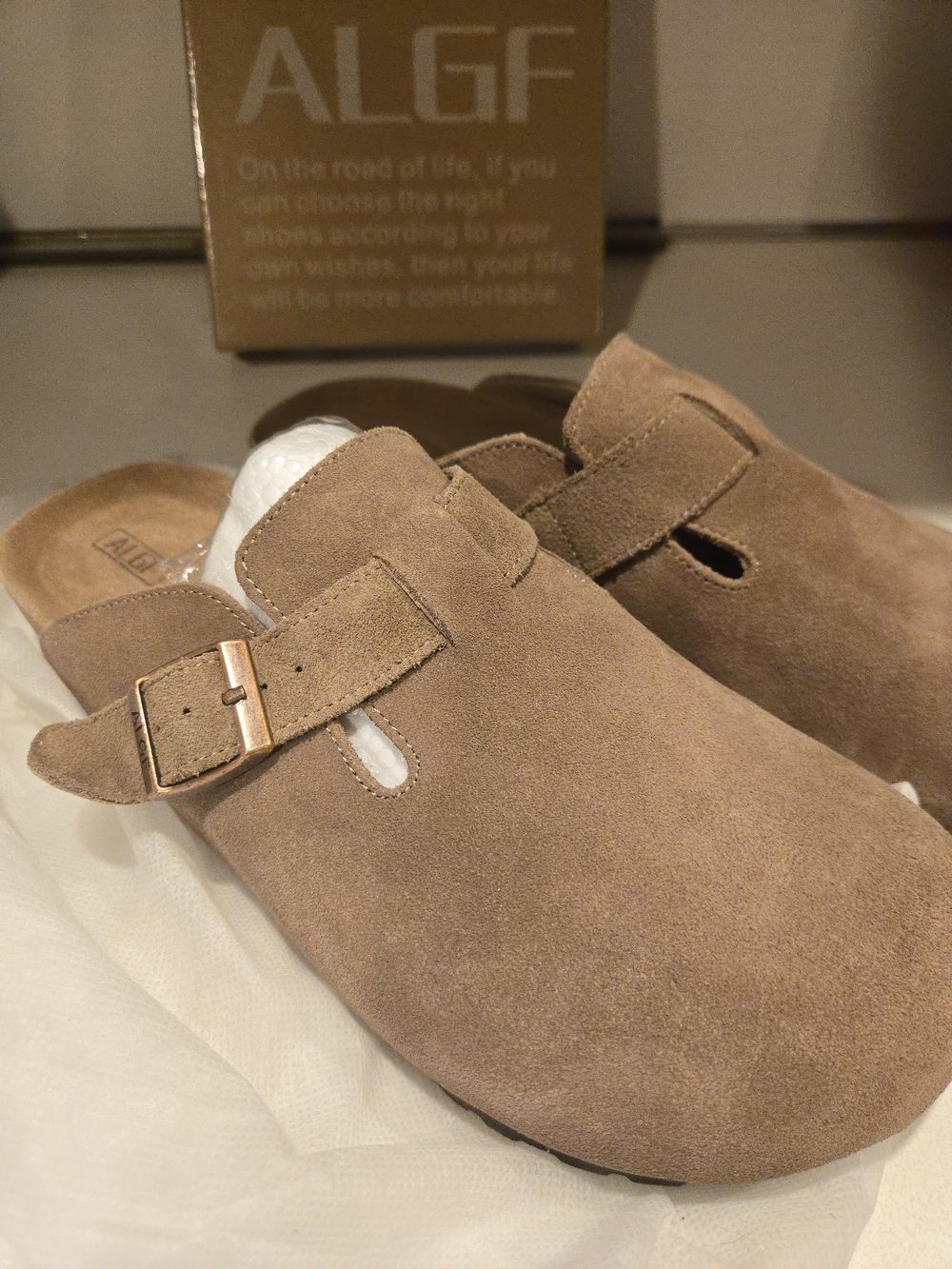 Taupe Suede Clog Mules with Buckle - Picture 5 of 6